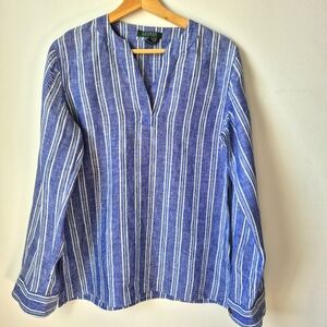 Lauren Ralph Lauren Blue Striped Linen Tunic Shirt, V-Neck, Collarless,Size M